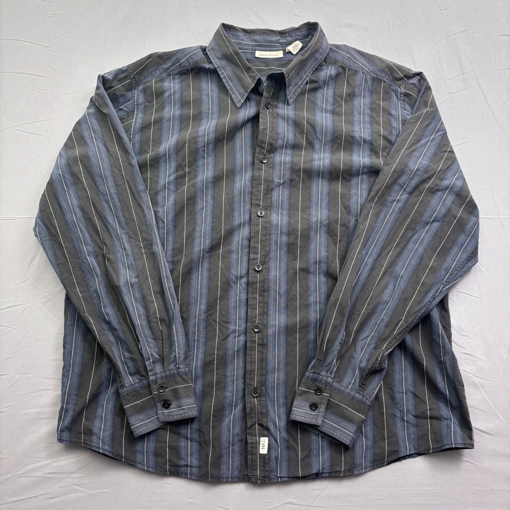 DKNY Jeans Mens XXL Blue Grey Striped Long Sleeve Button Down Shirt
